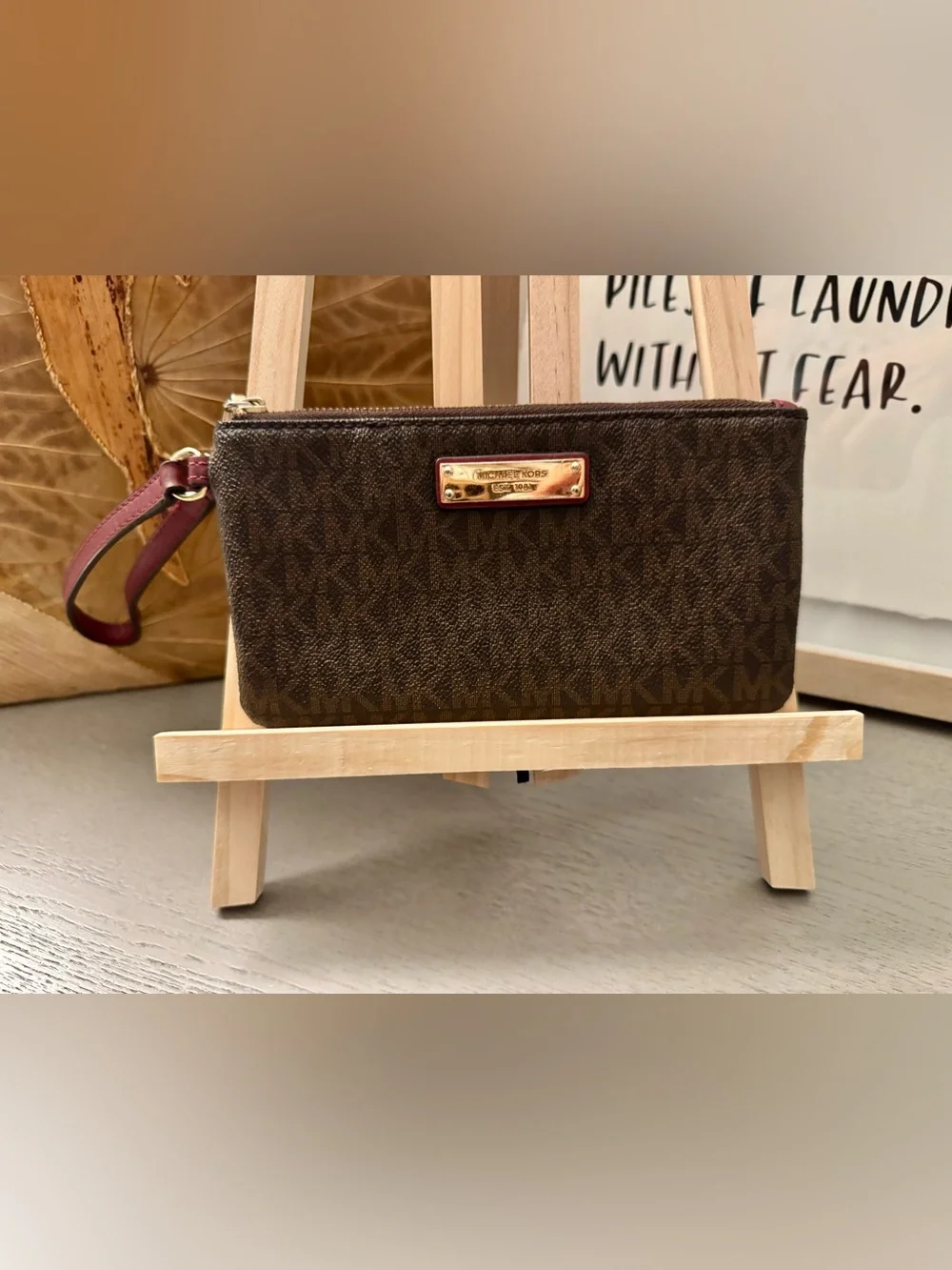 Michael Kors Signature Brown Logo Wristlet Zip Pouch